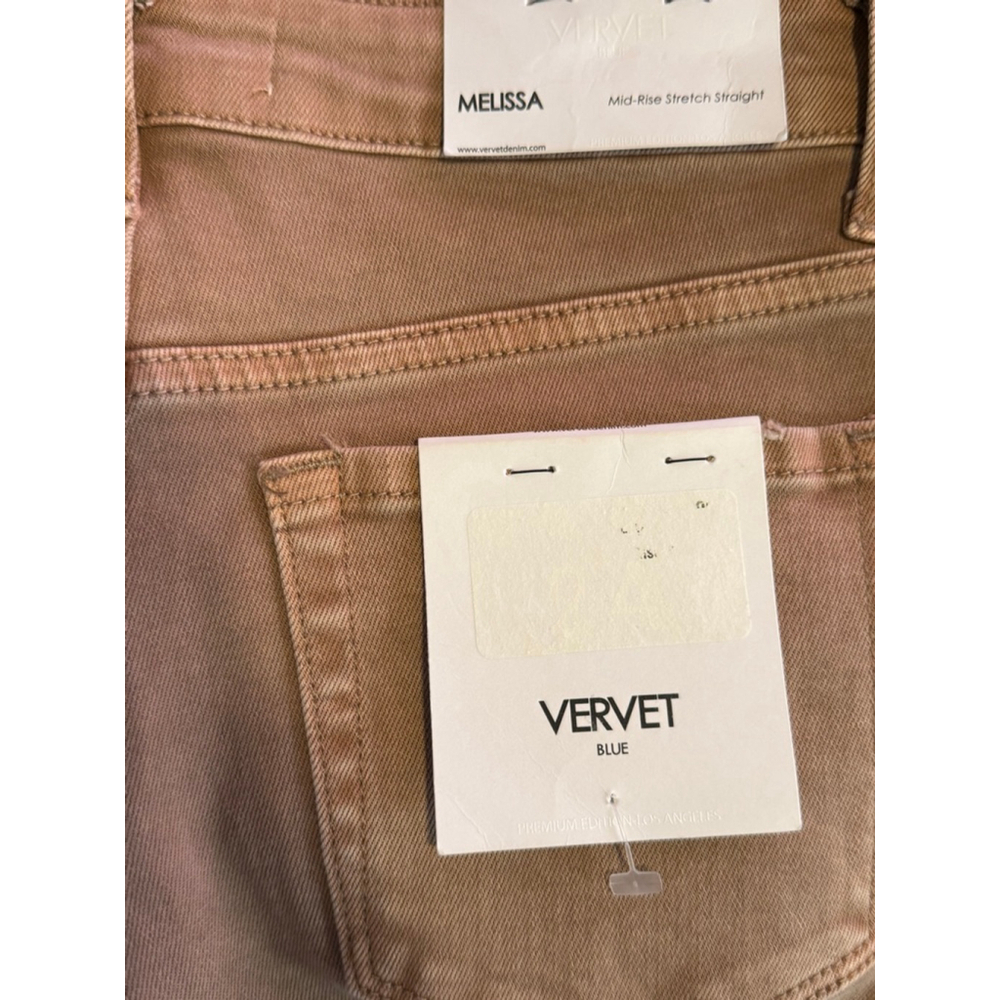 🤎NWT Vervet Mid Rise Straight Jeans Tan Raw Hem Stretch Size 24 - Picture 3 of 5